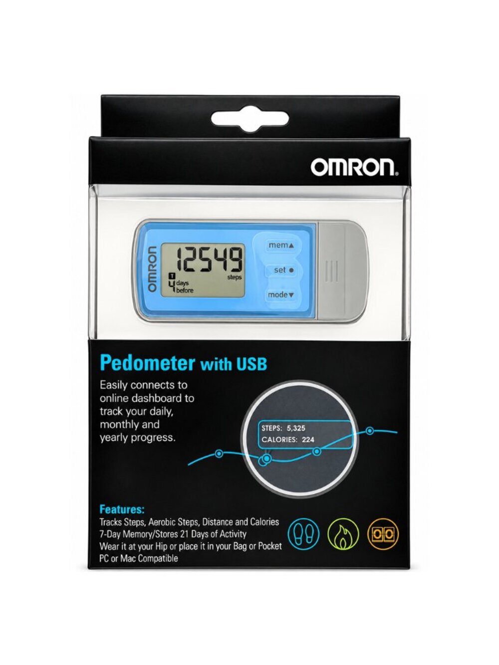Omron HJ-322U Digital Pedometer Tri-Axis Step Counter Distance Calories Blue NWT